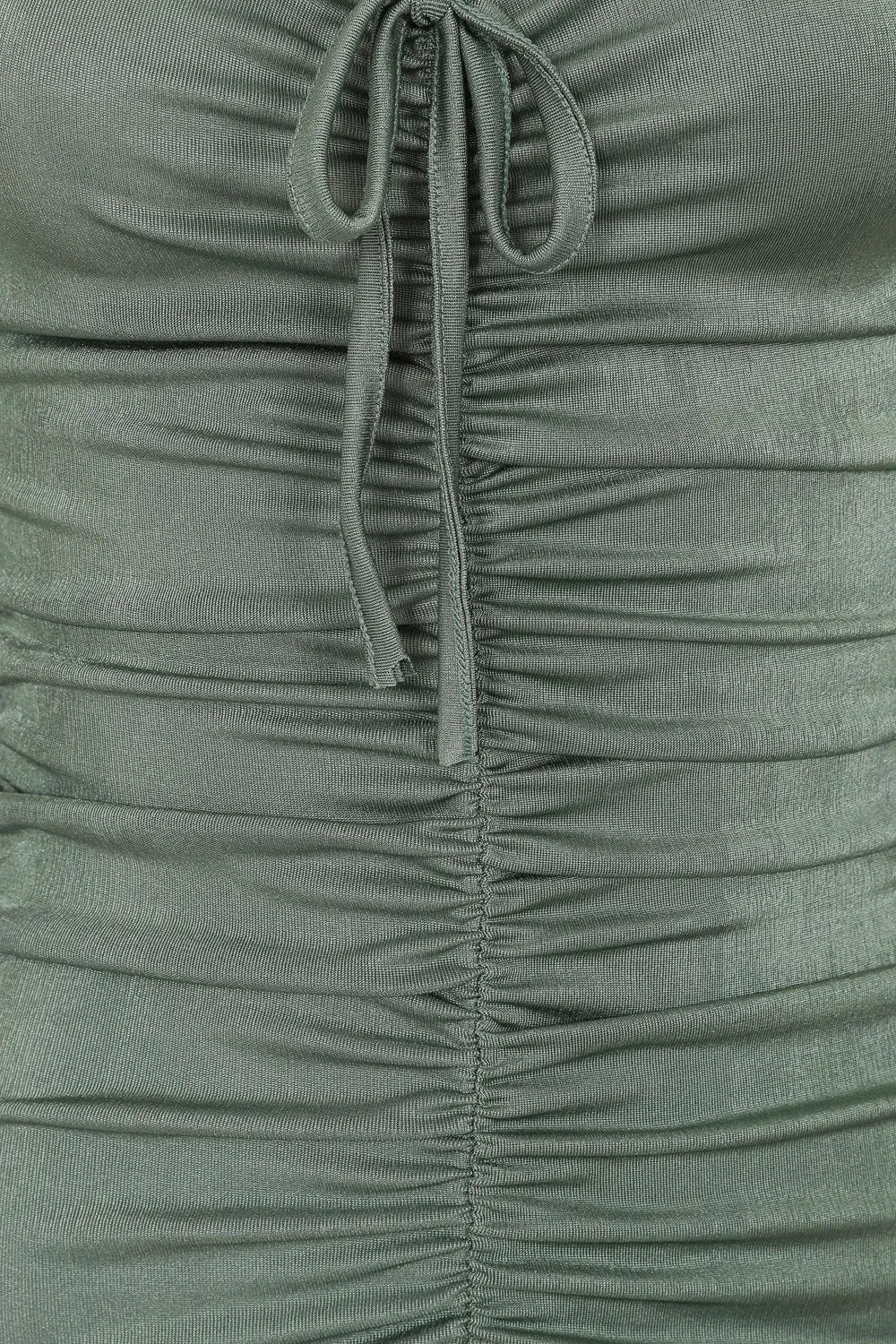 All Ruched Up Khaki Off The Shoulder Long Sleeve Slinky Mini Dress