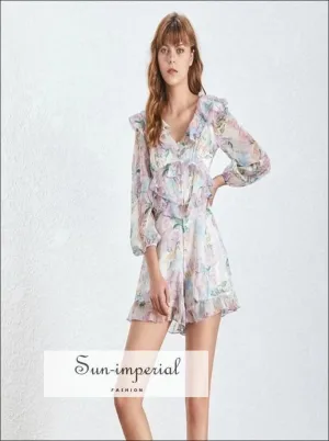 Amanda Romper - Vintage Ruffle Floral Warp Romper Long Sleeve