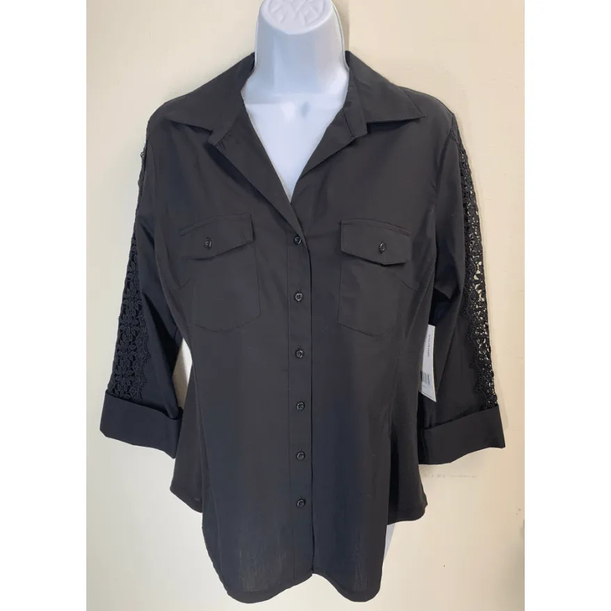 Black 3/4 sleeve collard blouse shirt with lace insert detail