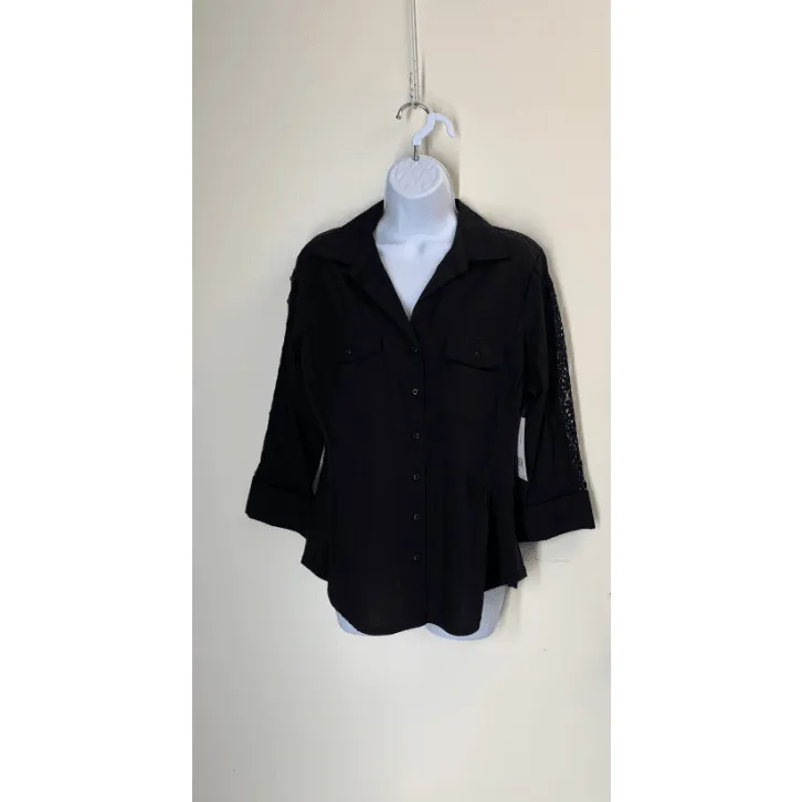 Black 3/4 sleeve collard blouse shirt with lace insert detail