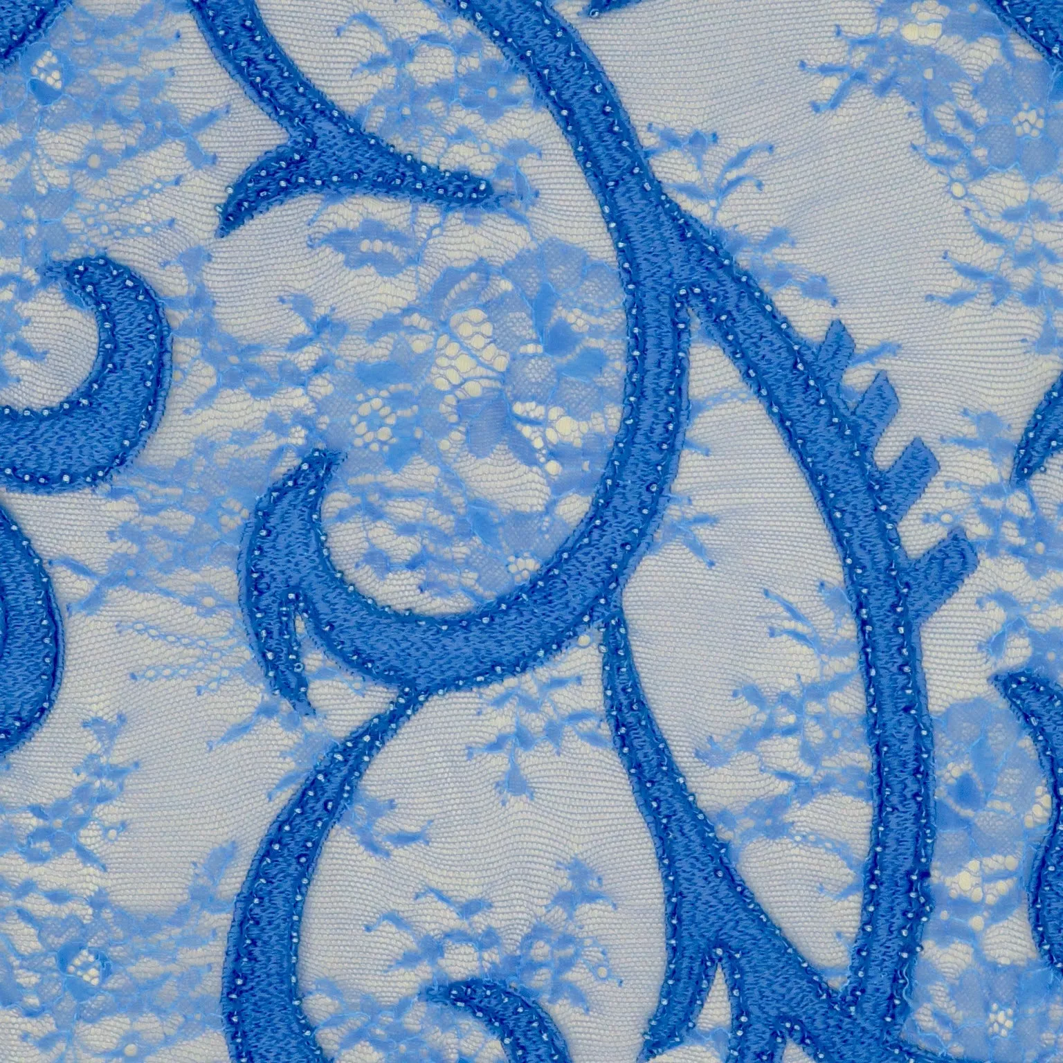 Blue Lace with Blue Bugle Beads Design Embroidered Fabric