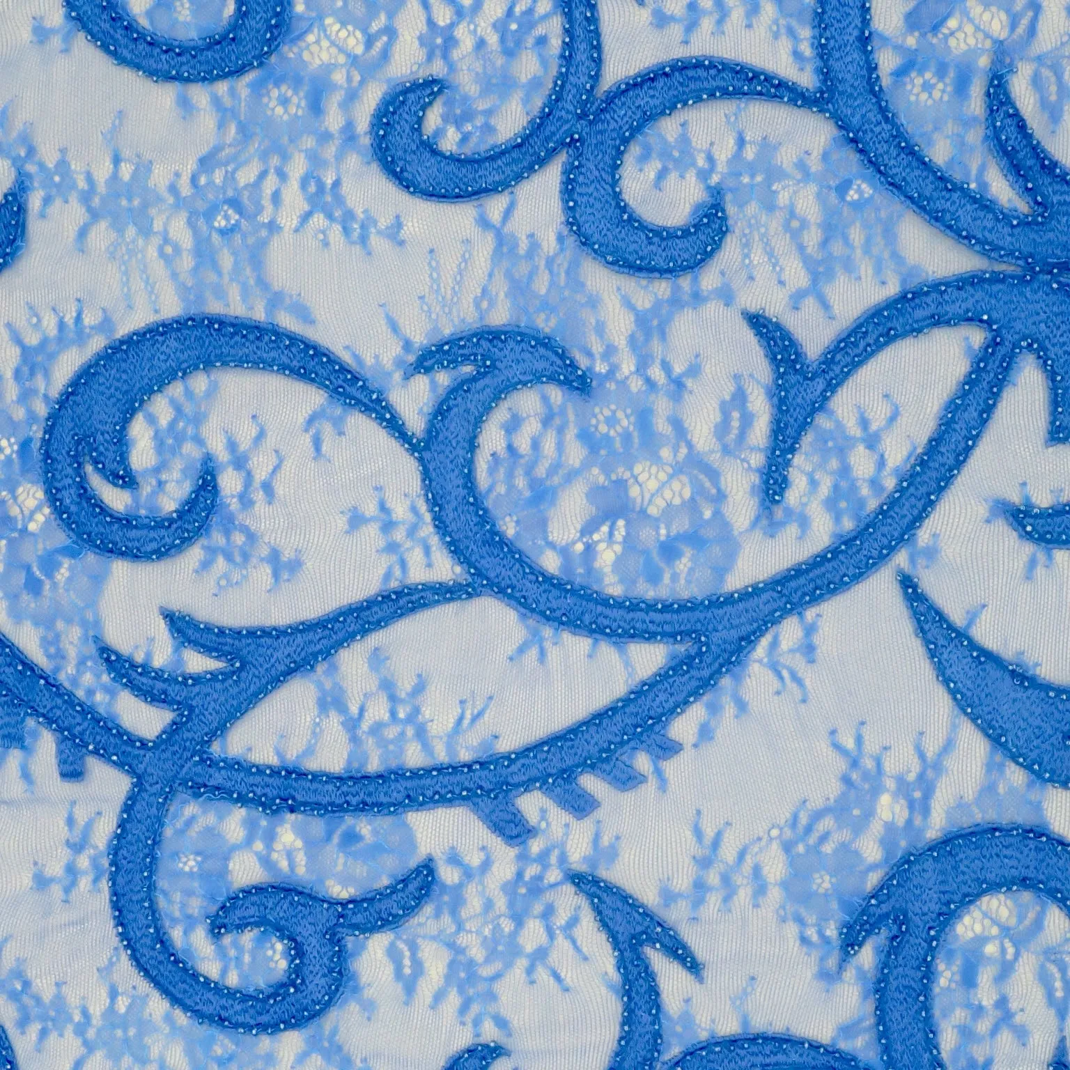 Blue Lace with Blue Bugle Beads Design Embroidered Fabric
