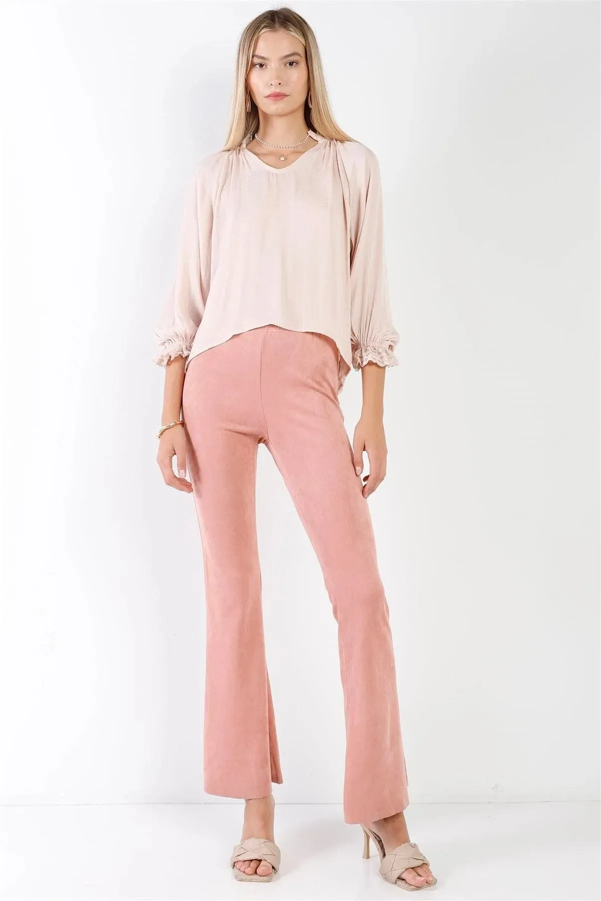Blush Suede High-Waist Vintage Raw Hem Flare Pants /3-3