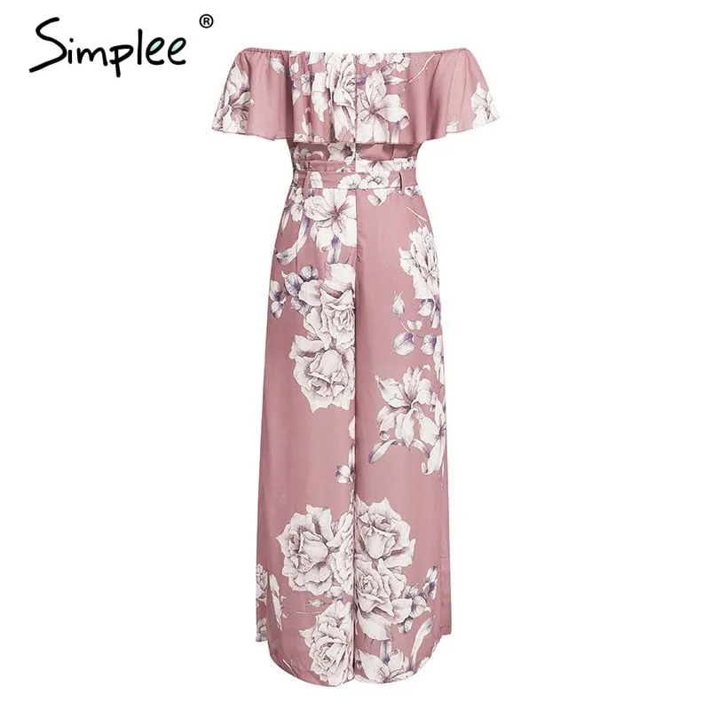 Bohemian floral print Elegant off shoulder sashes ladies long Summer ruffled playsuit Jumpsuit