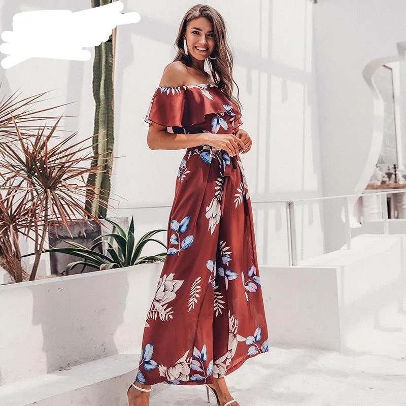 Bohemian floral print Elegant off shoulder sashes ladies long Summer ruffled playsuit Jumpsuit