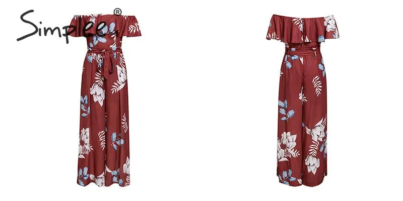 Bohemian floral print Elegant off shoulder sashes ladies long Summer ruffled playsuit Jumpsuit