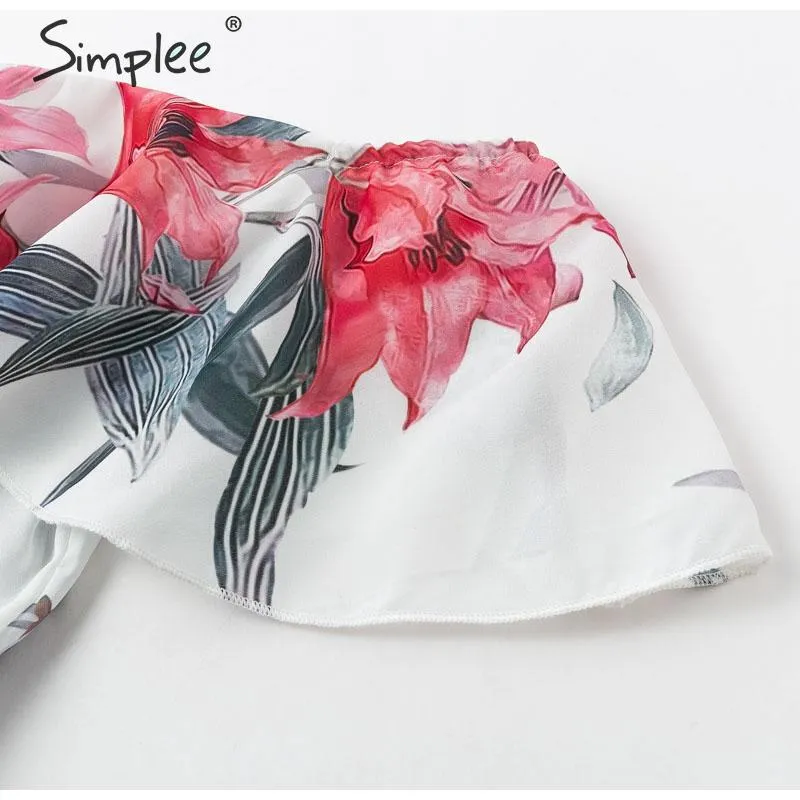 Bohemian floral print Elegant off shoulder sashes ladies long Summer ruffled playsuit Jumpsuit