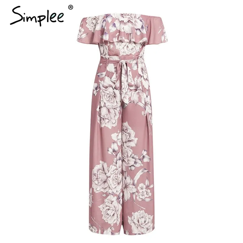 Bohemian floral print Elegant off shoulder sashes ladies long Summer ruffled playsuit Jumpsuit