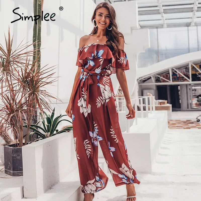 Bohemian floral print Elegant off shoulder sashes ladies long Summer ruffled playsuit Jumpsuit