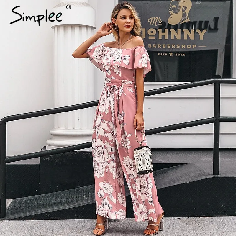 Bohemian floral print Elegant off shoulder sashes ladies long Summer ruffled playsuit Jumpsuit