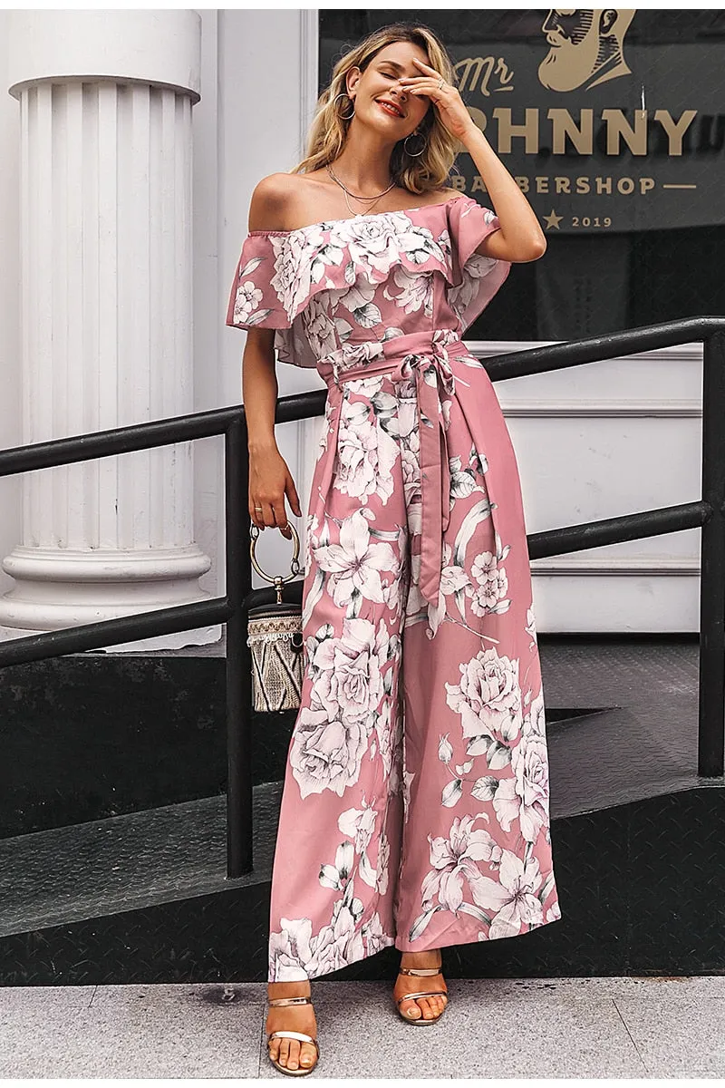Bohemian floral print Elegant off shoulder sashes ladies long Summer ruffled playsuit Jumpsuit