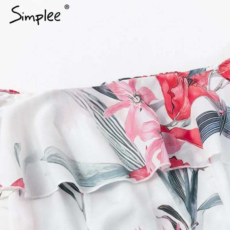Bohemian floral print Elegant off shoulder sashes ladies long Summer ruffled playsuit Jumpsuit