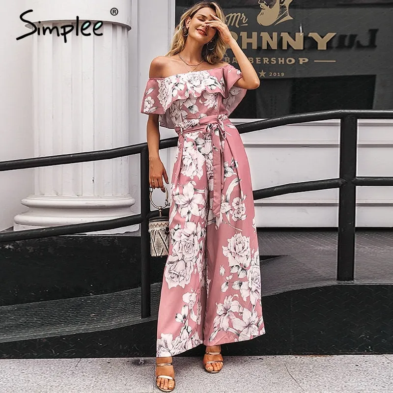 Bohemian floral print Elegant off shoulder sashes ladies long Summer ruffled playsuit Jumpsuit