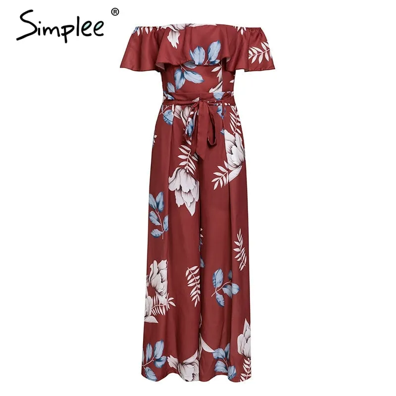 Bohemian floral print Elegant off shoulder sashes ladies long Summer ruffled playsuit Jumpsuit