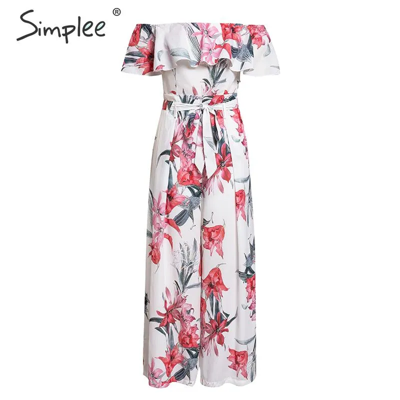 Bohemian floral print Elegant off shoulder sashes ladies long Summer ruffled playsuit Jumpsuit