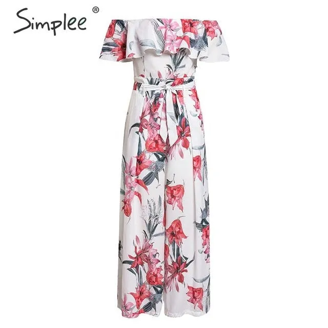 Bohemian floral print Elegant off shoulder sashes ladies long Summer ruffled playsuit Jumpsuit