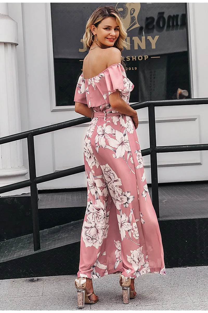 Bohemian floral print Elegant off shoulder sashes ladies long Summer ruffled playsuit Jumpsuit