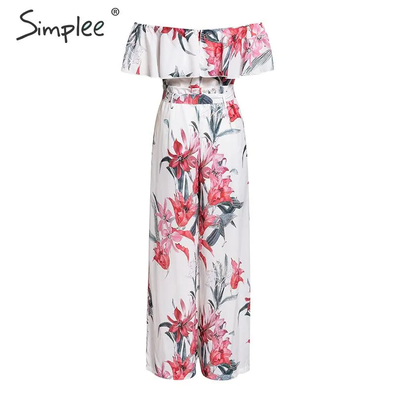 Bohemian floral print Elegant off shoulder sashes ladies long Summer ruffled playsuit Jumpsuit