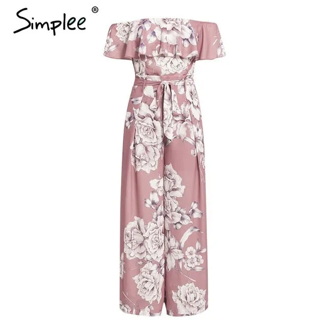 Bohemian floral print Elegant off shoulder sashes ladies long Summer ruffled playsuit Jumpsuit