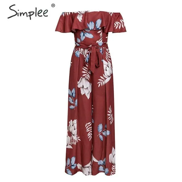 Bohemian floral print Elegant off shoulder sashes ladies long Summer ruffled playsuit Jumpsuit