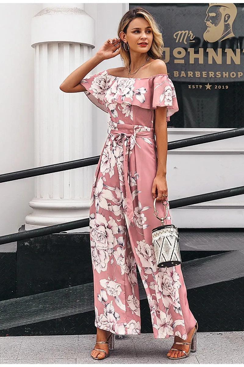 Bohemian floral print Elegant off shoulder sashes ladies long Summer ruffled playsuit Jumpsuit