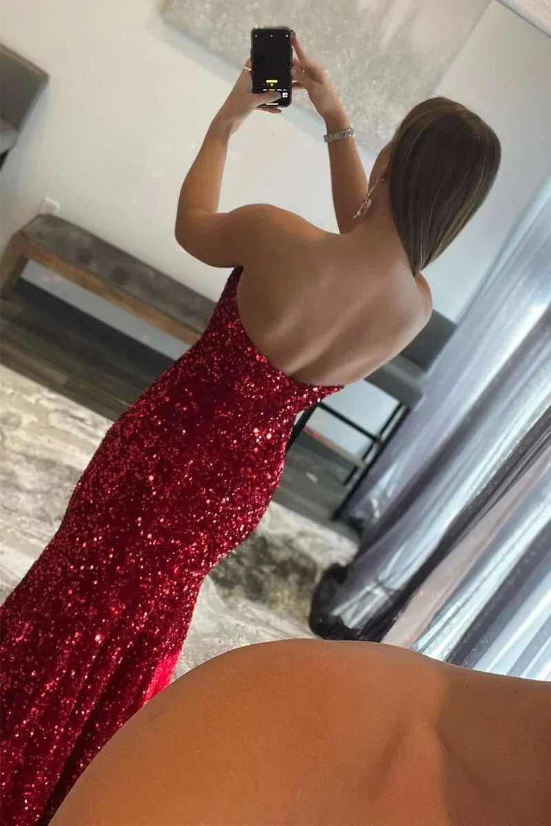 Burgundy Sequin Strapless Mermaid Long Prom Dress