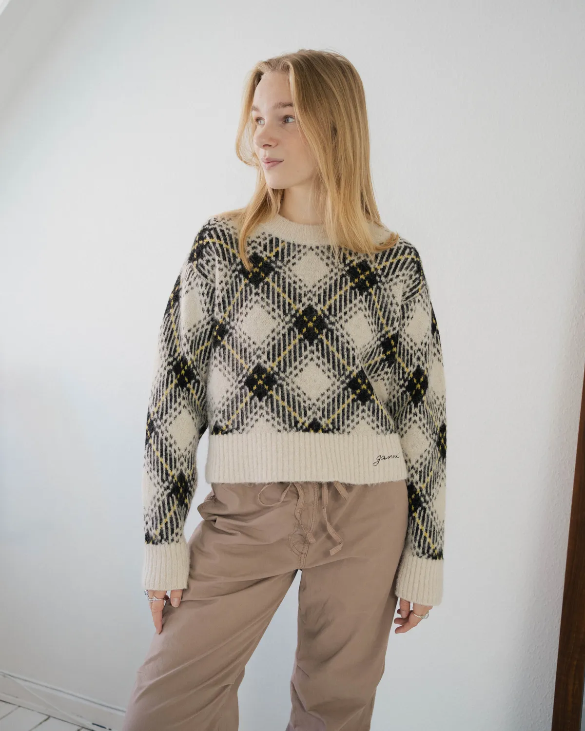 Check Wool Oversized Pullover - Egret