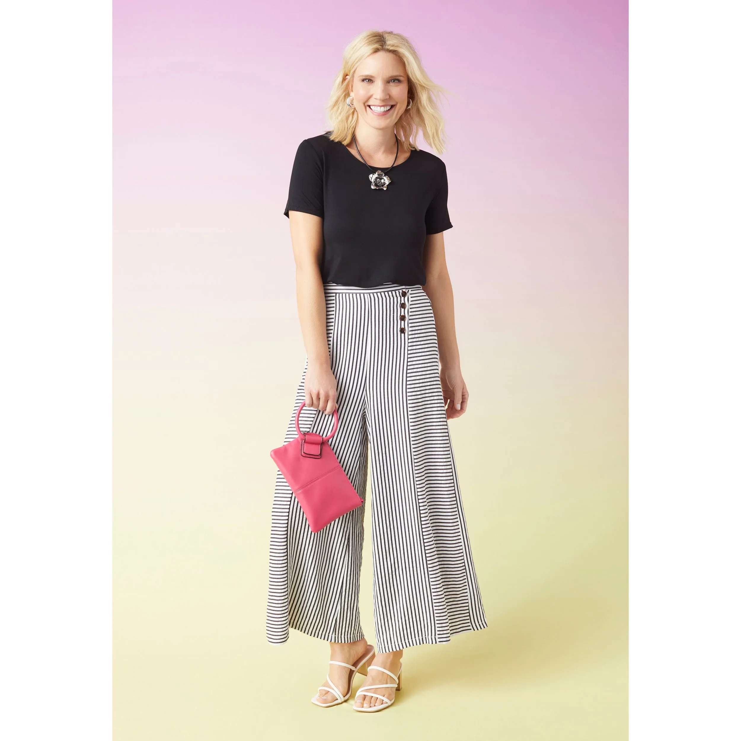 Dahlia Striped Textured Pants with Side Button - Black/White