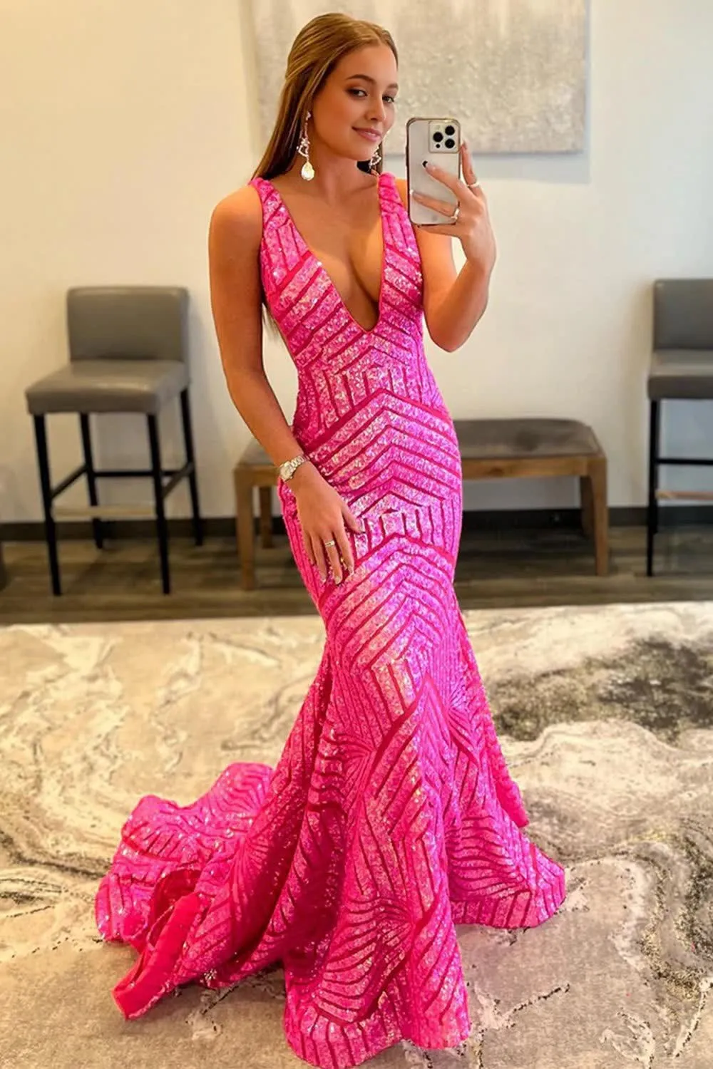Dark Green Deep V Neck Sequin Mermaid Prom Dress