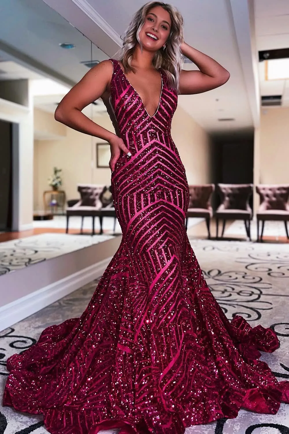 Dark Green Deep V Neck Sequin Mermaid Prom Dress