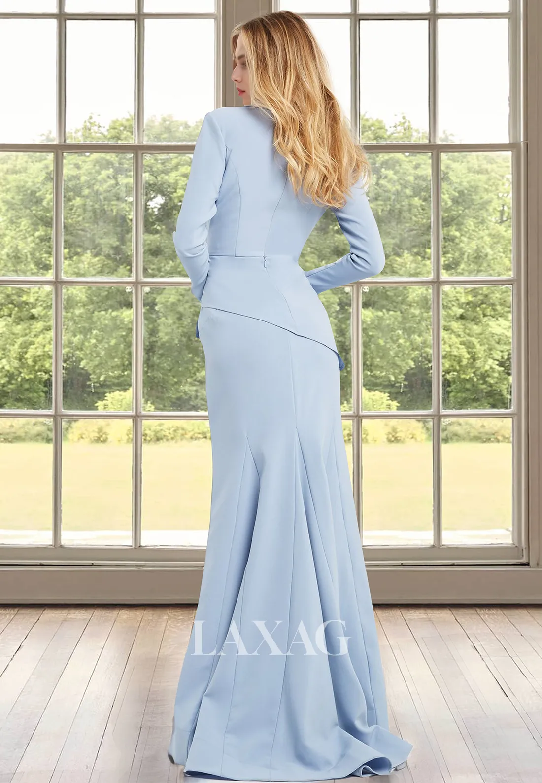 Deep V-Neck Long-Sleeves Satin Cocktail Gowns Pleated Floor Length Mermaid Mother of the Bride Dress