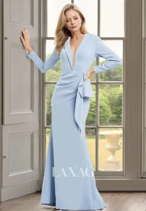 Deep V-Neck Long-Sleeves Satin Cocktail Gowns Pleated Floor Length Mermaid Mother of the Bride Dress