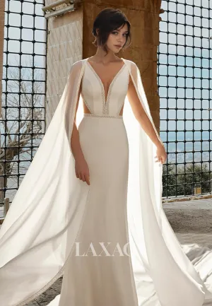 Deep V-Neck Spaghetti Straps Beaded Satin Bride Gowns Sweep Train Mermaid Wedding Dress with Overlay