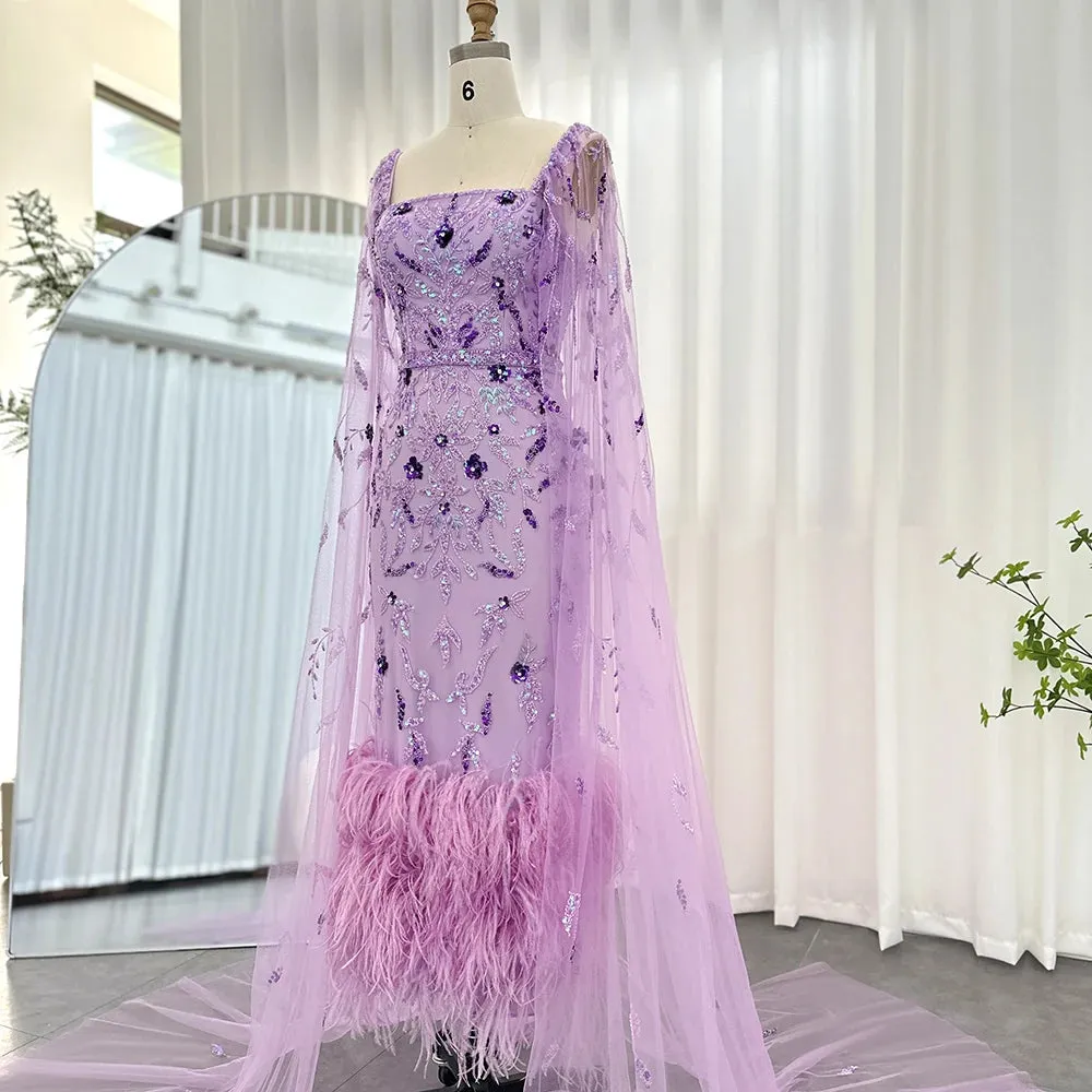 Dubai Luxury Feathers Lilac Evening Dress with Cape Sleeves Ankle Length Midi Arabic Women Wedding Party Gowns