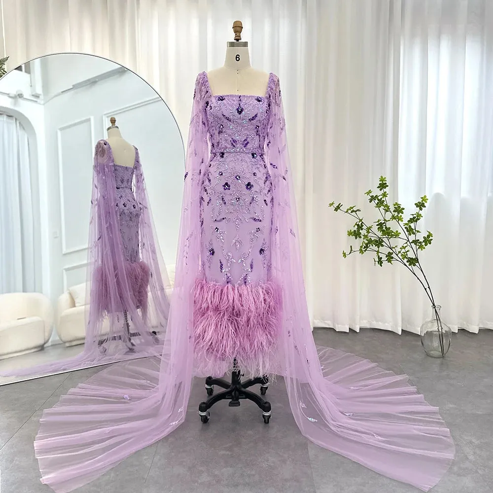 Dubai Luxury Feathers Lilac Evening Dress with Cape Sleeves Ankle Length Midi Arabic Women Wedding Party Gowns