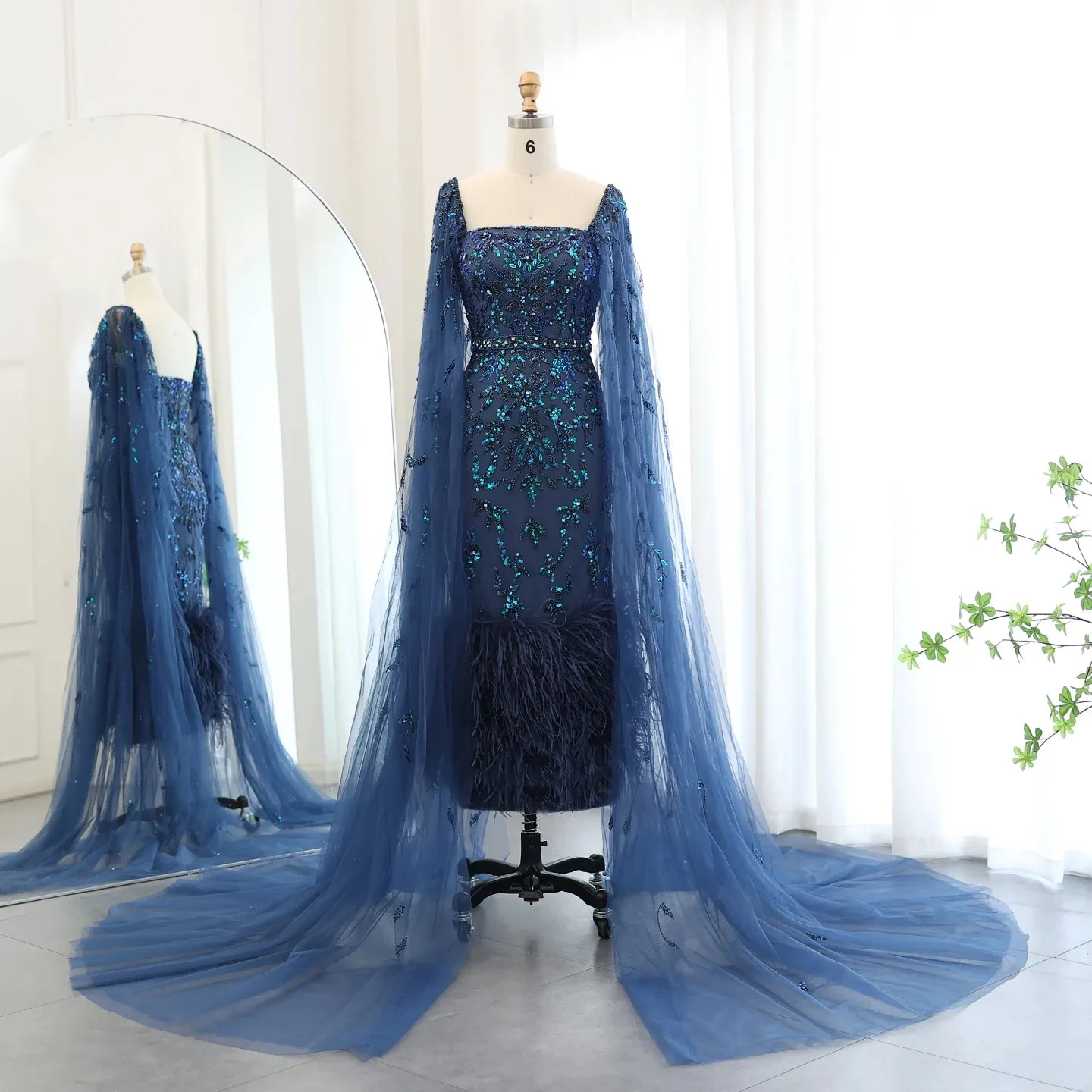 Dubai Luxury Feathers Lilac Evening Dress with Cape Sleeves Ankle Length Midi Arabic Women Wedding Party Gowns