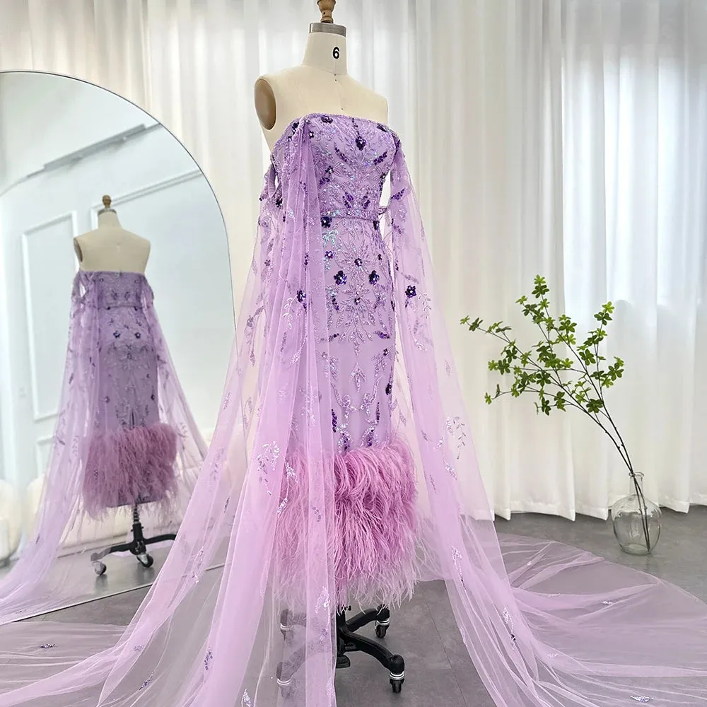 Dubai Luxury Feathers Lilac Evening Dress with Cape Sleeves Ankle Length Midi Arabic Women Wedding Party Gowns