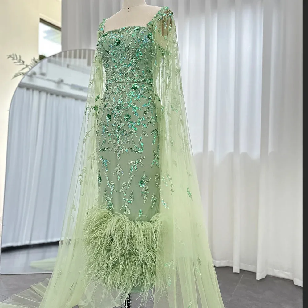 Dubai Luxury Feathers Lilac Evening Dress with Cape Sleeves Ankle Length Midi Arabic Women Wedding Party Gowns
