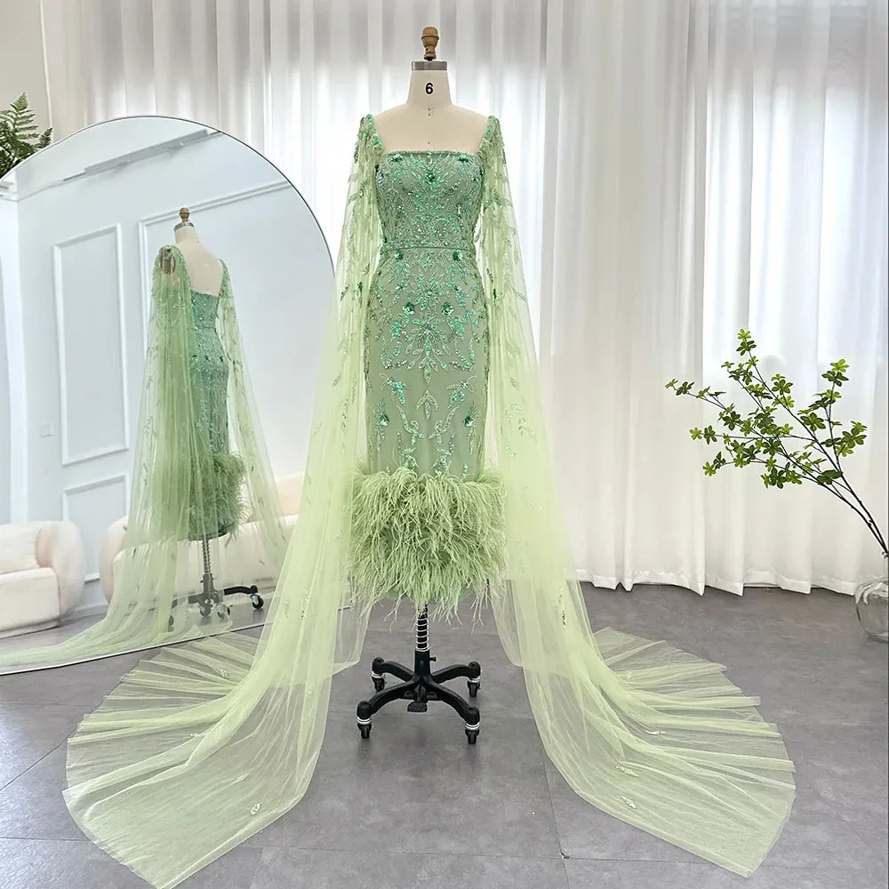 Dubai Luxury Feathers Lilac Evening Dress with Cape Sleeves Ankle Length Midi Arabic Women Wedding Party Gowns