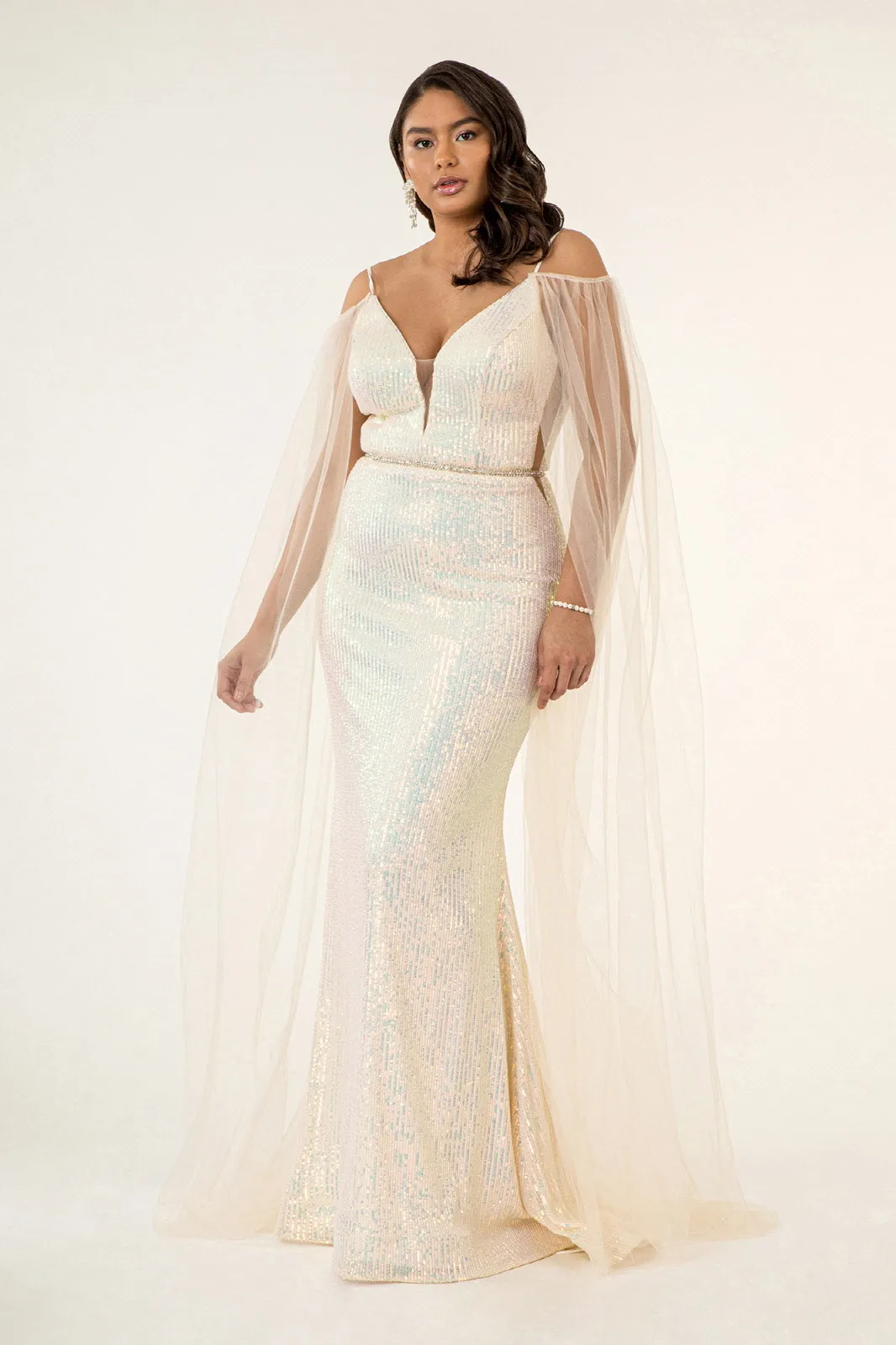 Fitted Cape Sleeve Sequin Gown by Elizabeth K GL1955