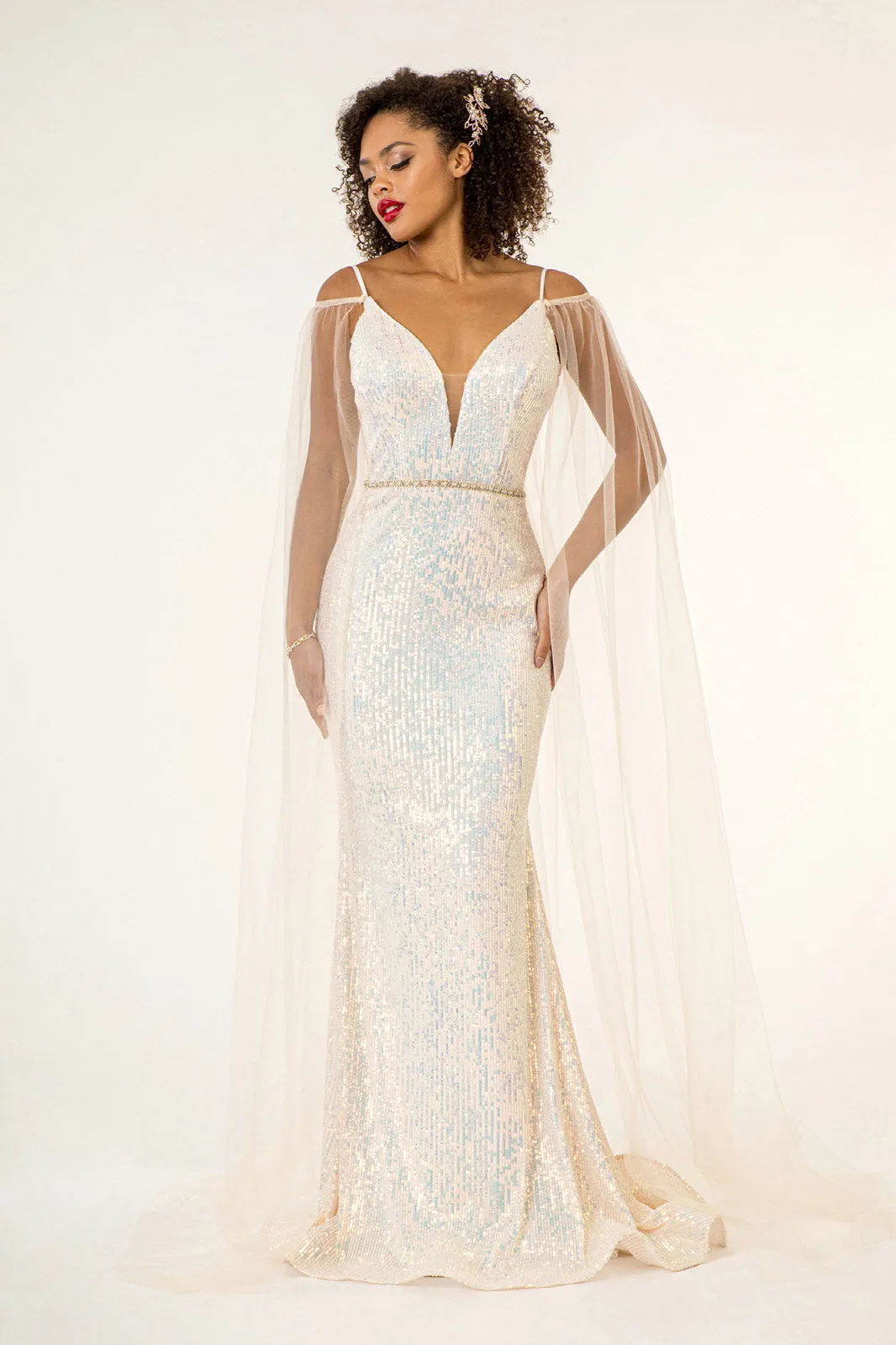 Fitted Cape Sleeve Sequin Gown by Elizabeth K GL1955