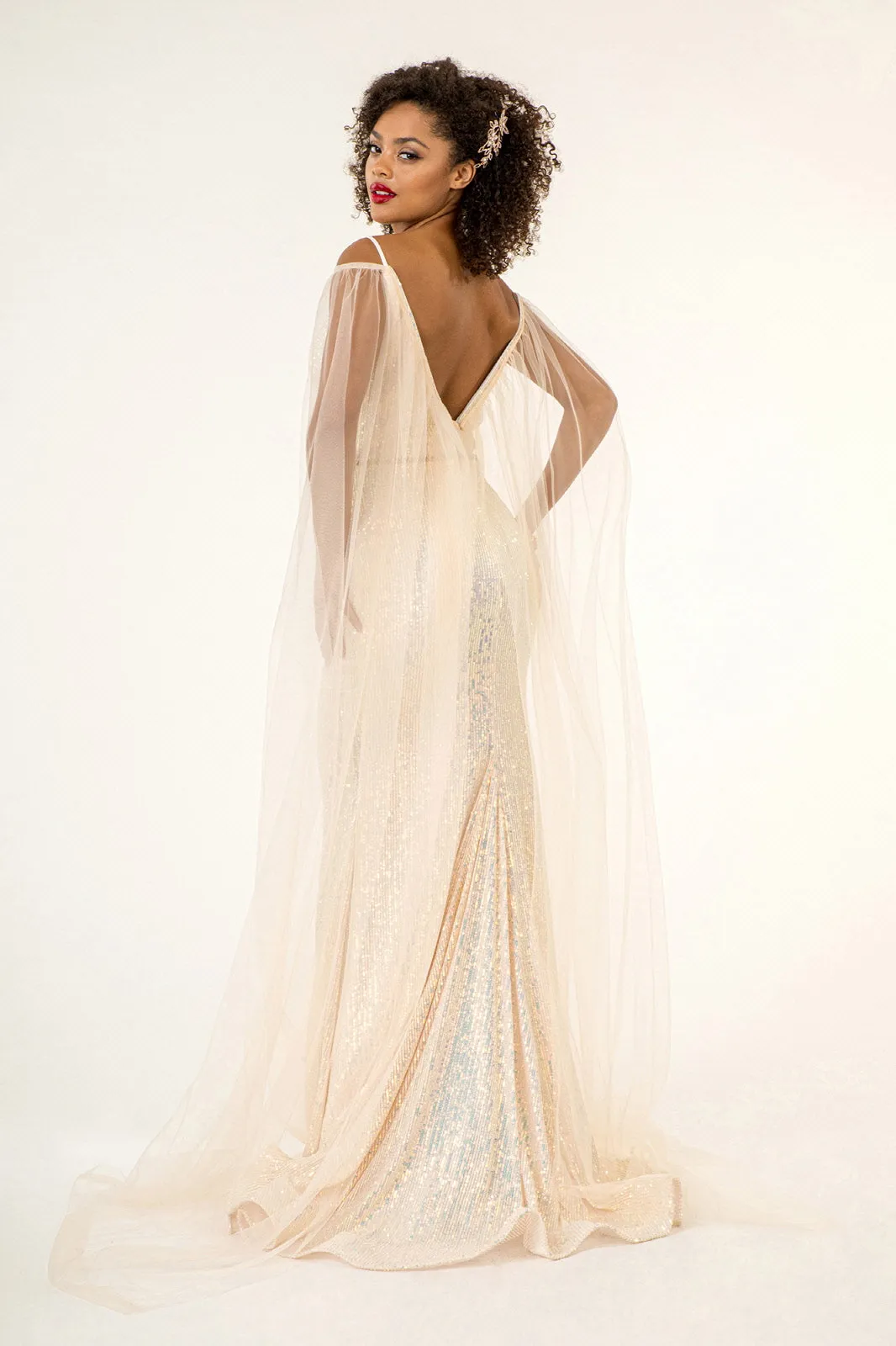 Fitted Cape Sleeve Sequin Gown by Elizabeth K GL1955