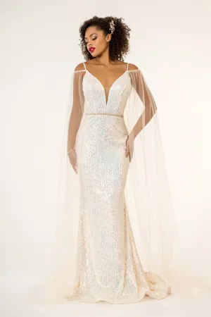 Fitted Cape Sleeve Sequin Gown by Elizabeth K GL1955