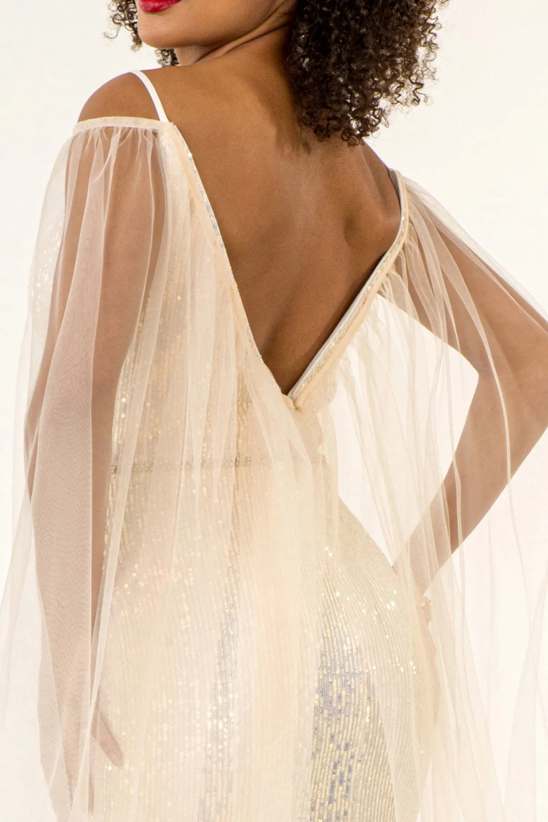 Fitted Cape Sleeve Sequin Gown by Elizabeth K GL1955