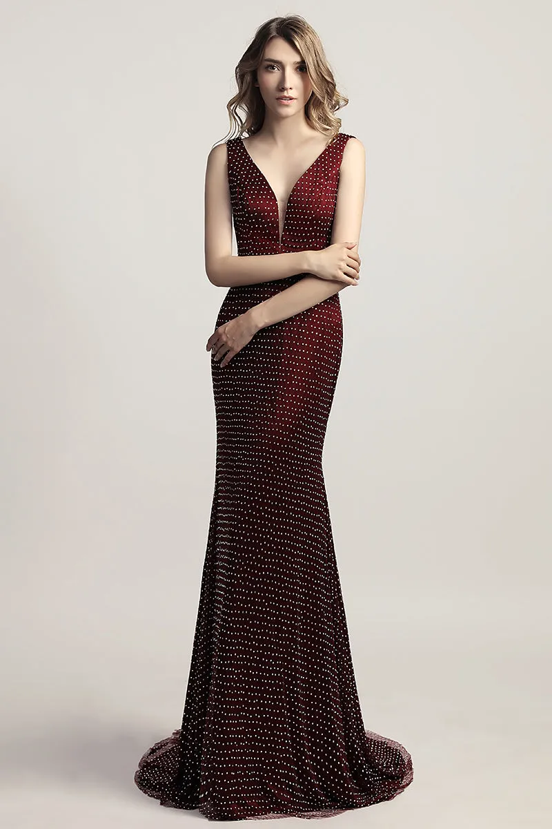 Formal burgundy beaded v-neck long formal evening dress