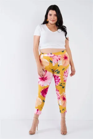 Junior Plus Size Yellow Floral Chic Ankle Length Leggings /2-2-2