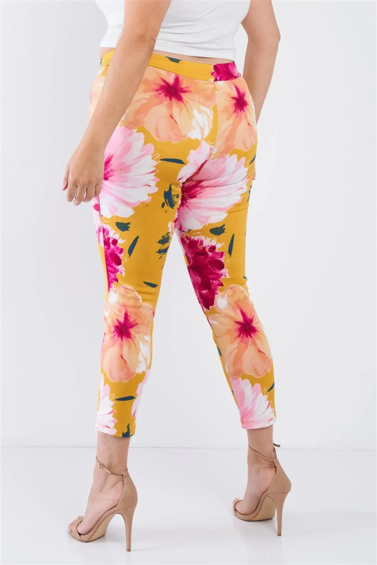 Junior Plus Size Yellow Floral Chic Ankle Length Leggings /2-2-2