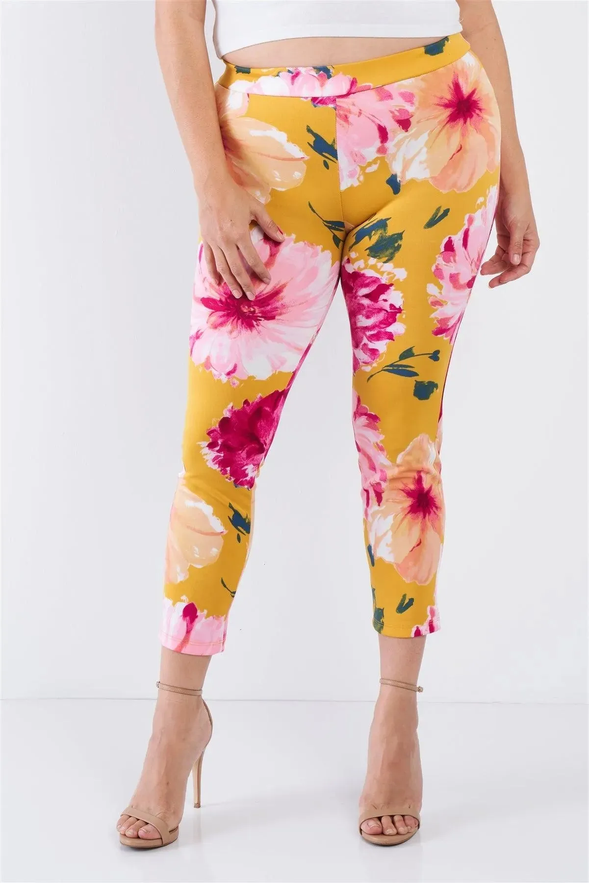 Junior Plus Size Yellow Floral Chic Ankle Length Leggings /2-2-2