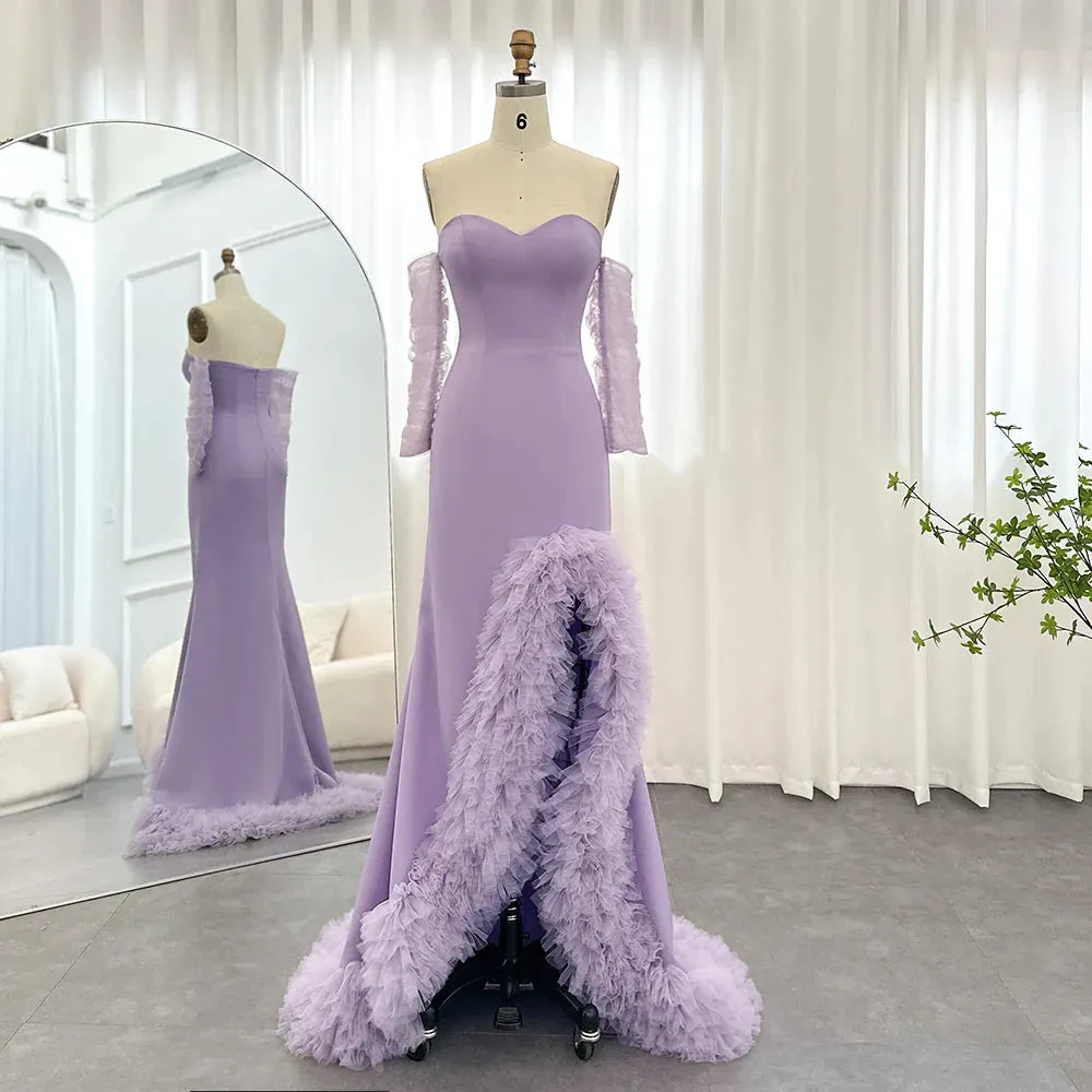 Lilac Ruffles Strapless Mermaid Evening Dress with Sleeves SF004