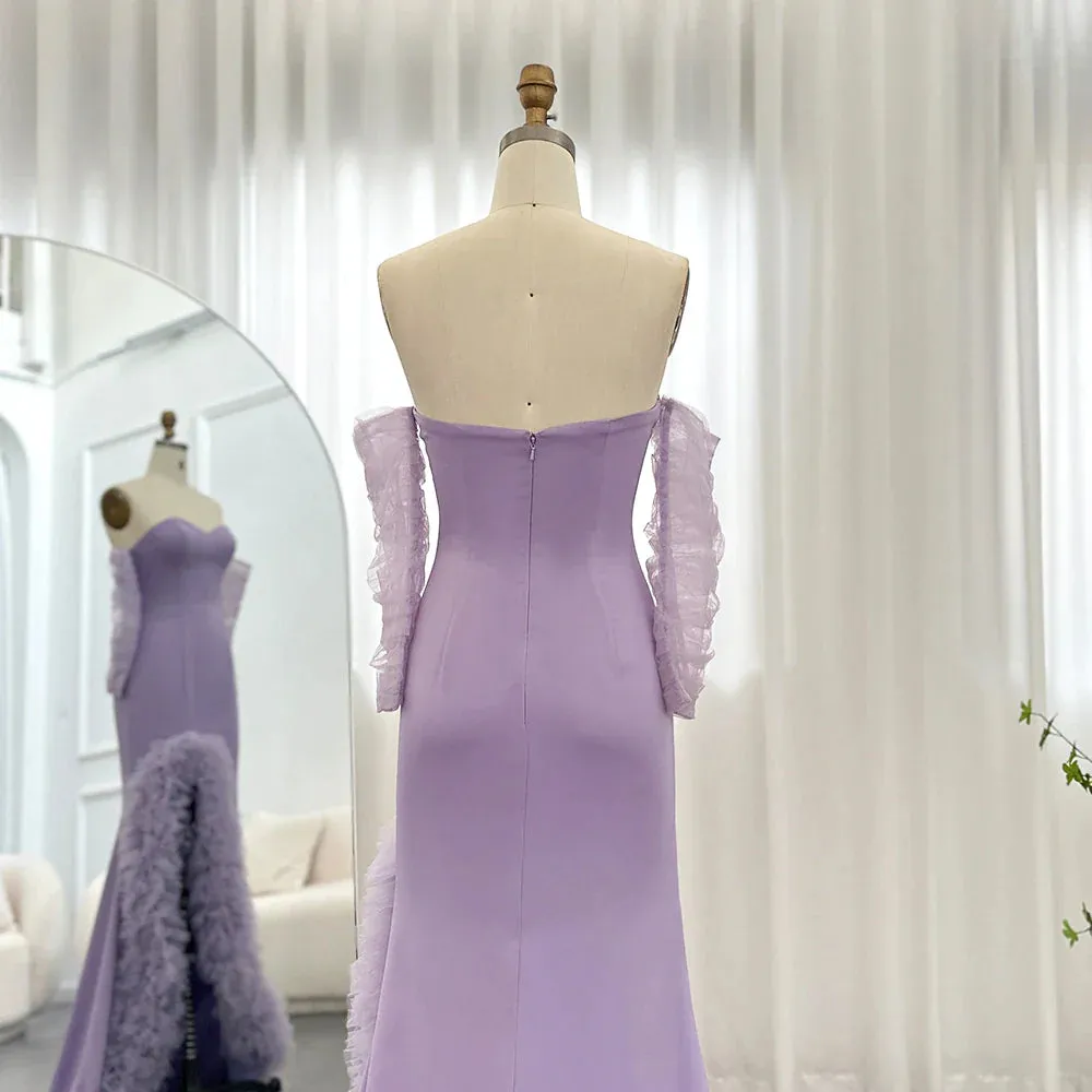 Lilac Ruffles Strapless Mermaid Evening Dress with Sleeves SF004